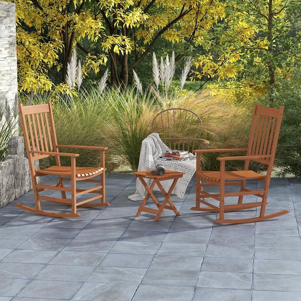 Zeus & Ruta 3 Piece Brown Wood Patio Conversation Set of Rocking Chairs and Side Table with Smooth Armrests for Garden Balcony Porch