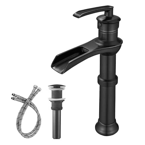 KINWELL Single Hole Single Handle Waterfall Tall Body Vessel Sink Faucet with Pop Up Drain in Matte Black