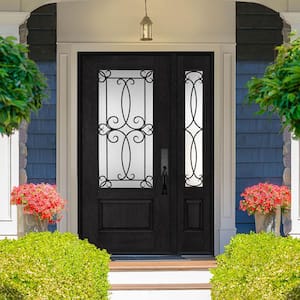 Regency 51 in. x 80 in. 3/4-Lite Georgian Decorative Glass RHOS Onyx Mahogany Fiberglass Prehung Front Door 12 in. SL