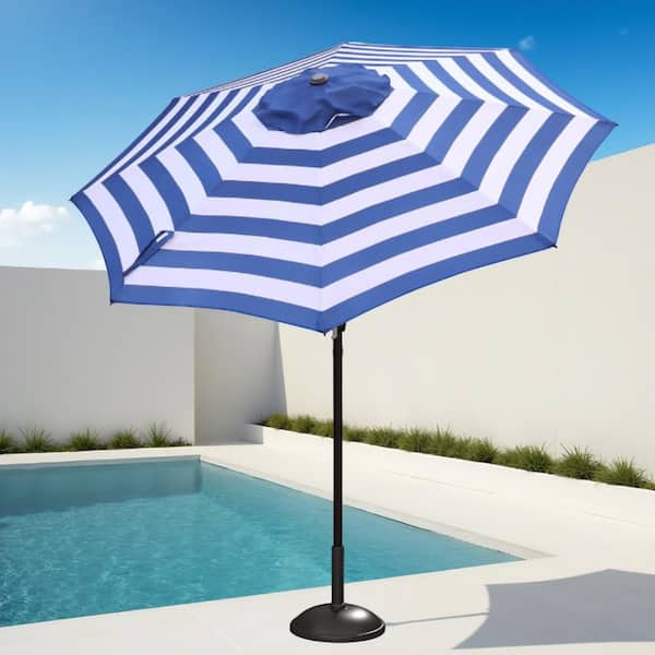 blue and white outdoor patio umbrella UV Resistant & Striped 9' Auto Tilt foot outdoor patio umbrella is designed to elevate your backyard Maypex 9 ft. Steel Crank