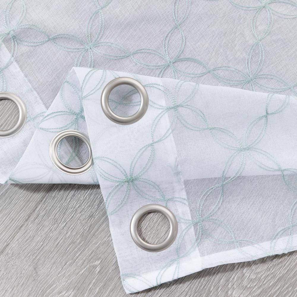 Lake Blue Sheer Polyester Embroidered Grommet Curtains 84"