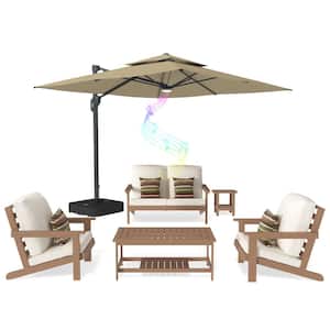 6-Piece Plastic Patio Conversation Set Deep Seating Set with Patio Cantilever Umbrella, Coffee Table and Beige Cushions