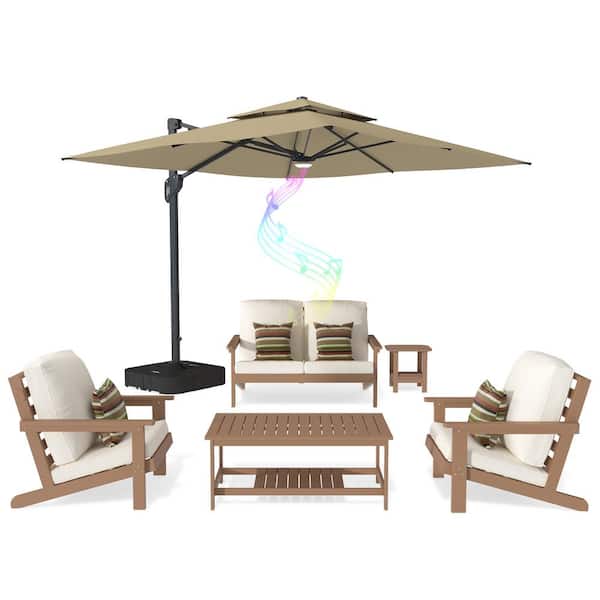 Mondawe 6-Piece Plastic Patio Conversation Set Deep Seating Set with Patio Cantilever Umbrella, Coffee Table and Beige Cushions