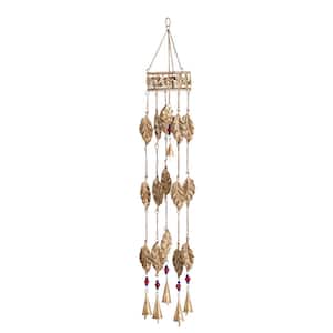 35 in. Brown Metal Leaf Indoor Outdoor Windchime with Glass Beads and Cone Bells