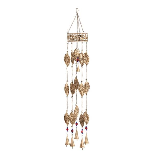 35 in. Brown Metal Leaf Indoor Outdoor Windchime with Glass Beads and Cone Bells