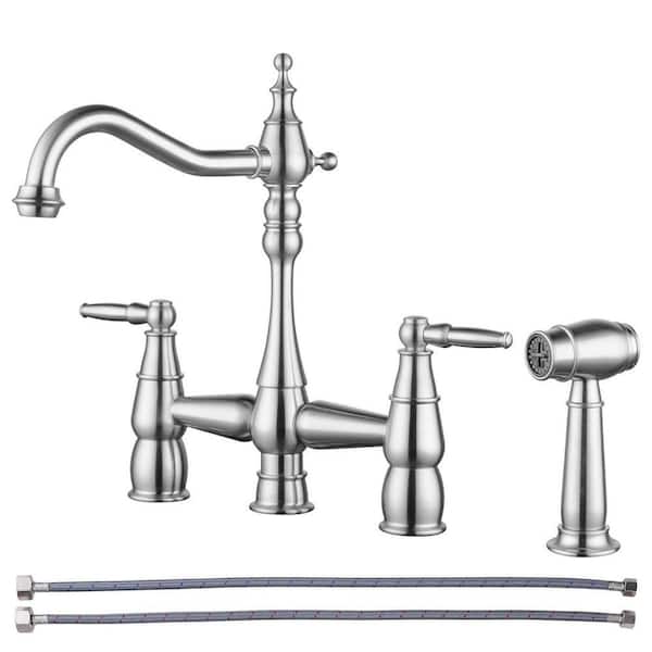 Brass Double Handle Bridge Kitchen Faucet with Side Sprayer in Brushed Nickel