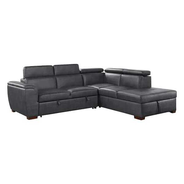 Lazzara Sidney 103.5 in. Straight Arm 2-piece Faux Leather Sectional Sofa in Gray with Pull-out Bed and Right Chaise