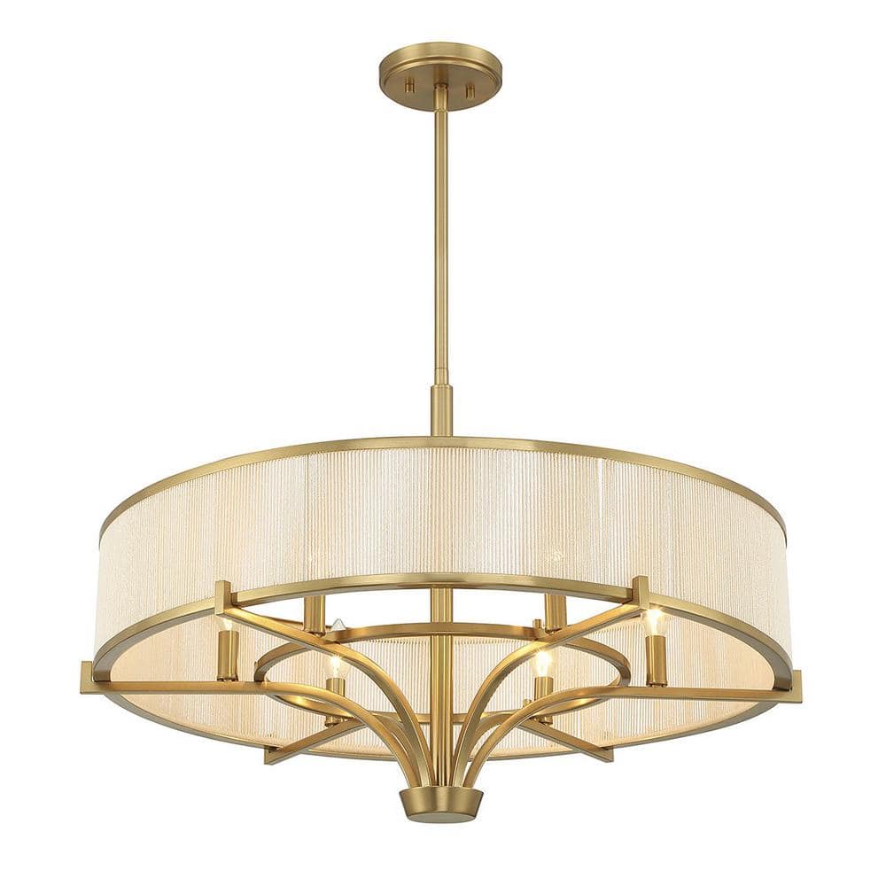 Warm Brass 6-Light Chandelier with White String Drum Shade