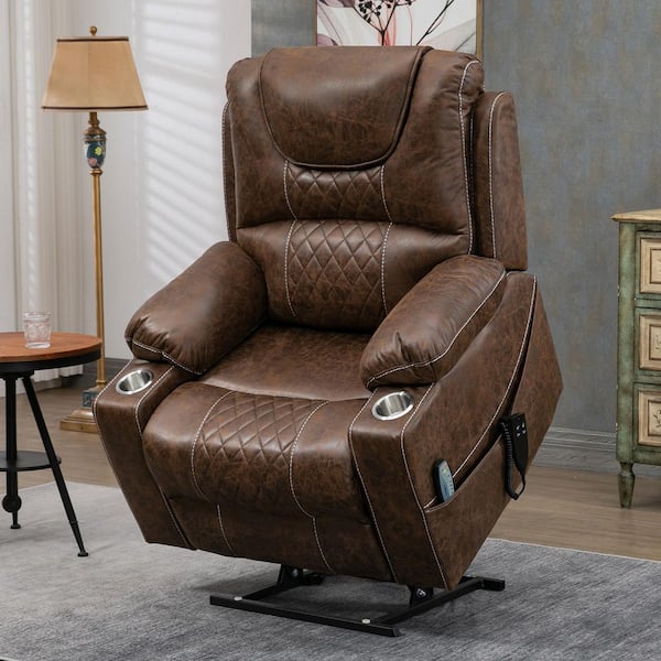 Oversized Dual Motor 180° Lying Flat Brown Breathable Leather Power Lift Recliner Chair with Massage and Heating