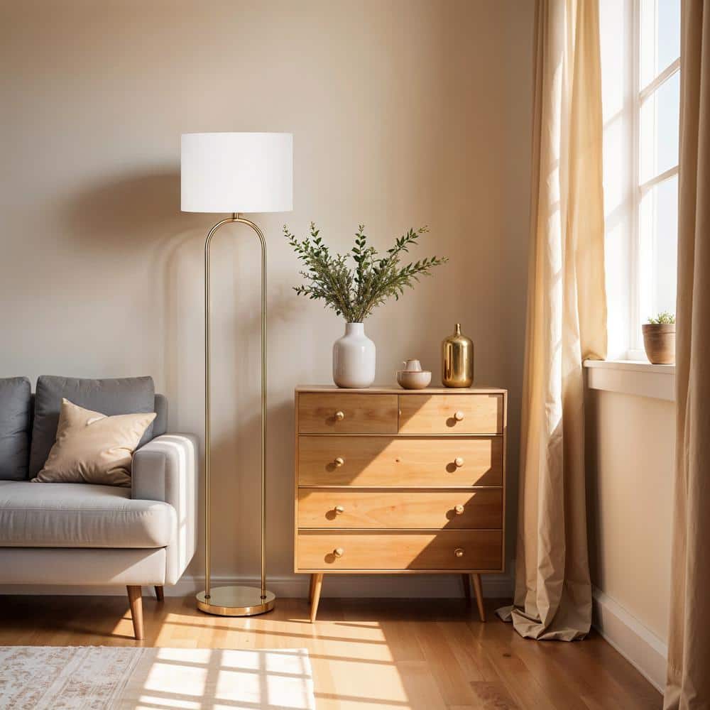 64" Gold Floor Lamp with White Linen Drum Shade