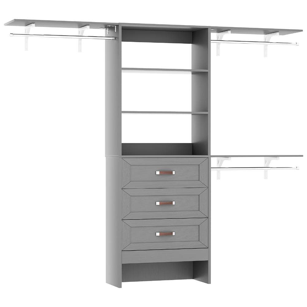 58 in. W - 96 in. W Grey Reach-In Tower Wall Mount 7-Shelf Wood Closet System With 3 Curved Drawers 3 Hanging Rods price history on PriceWatchPro