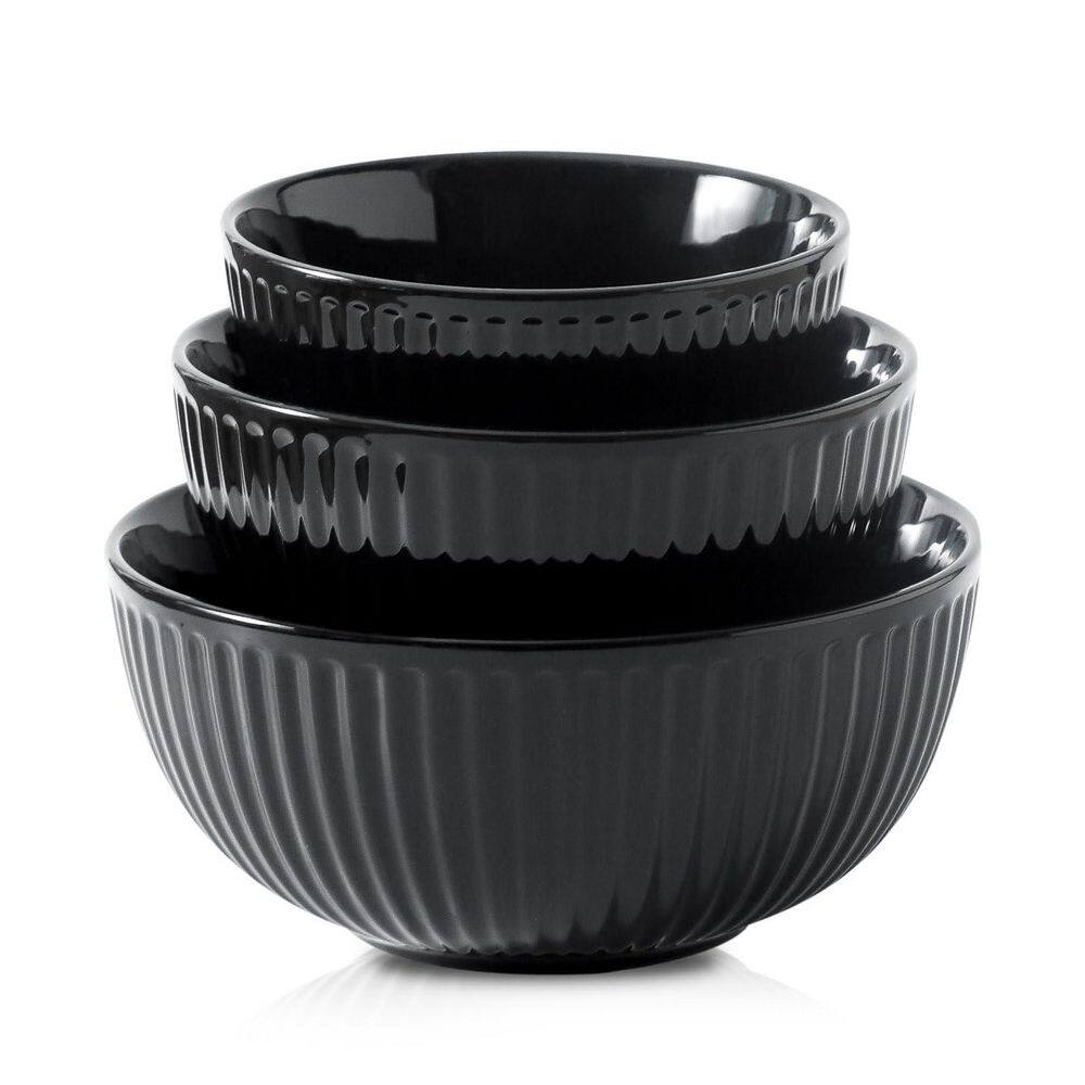 3-Piece Ceramic Black Ribbed Mixing Bowl Set with Stackable Design for Salad Pasta Baking Dishwasher Safe price history on PriceWatchPro