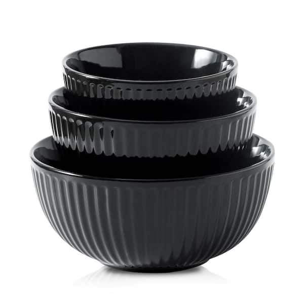 3-Piece Ceramic Black Ribbed Mixing Bowl Set with Stackable Design for Salad Pasta Baking Dishwasher Safe