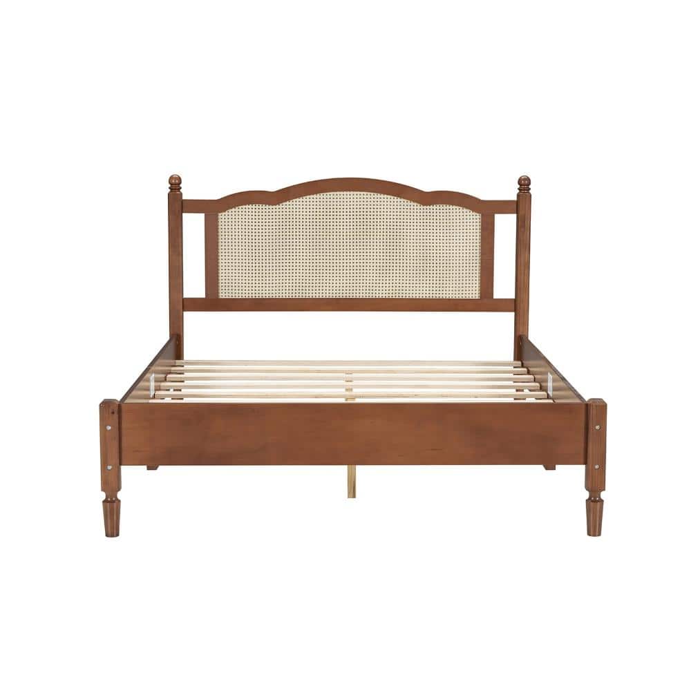 Walnut Wood Queen Platform Bed with Natural Rattan Headboard and Wooden Slat Support durable construction