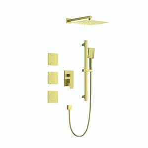 3-Spray 12 in. Square Wall Mounted Head Fixed and Handheld Shower Head Combo Set with Slide Bar in Brushed Gold
