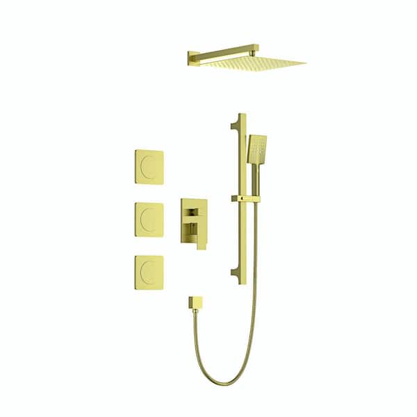 Lukvuzo 3-Spray 12 in. Square Wall Mounted Head Fixed and Handheld Shower Head Combo Set with Slide Bar in Brushed Gold