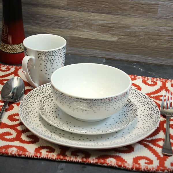 White Gibson Home Platinum Dots 16 Piece Fine Ceramic Dinnerware Set 