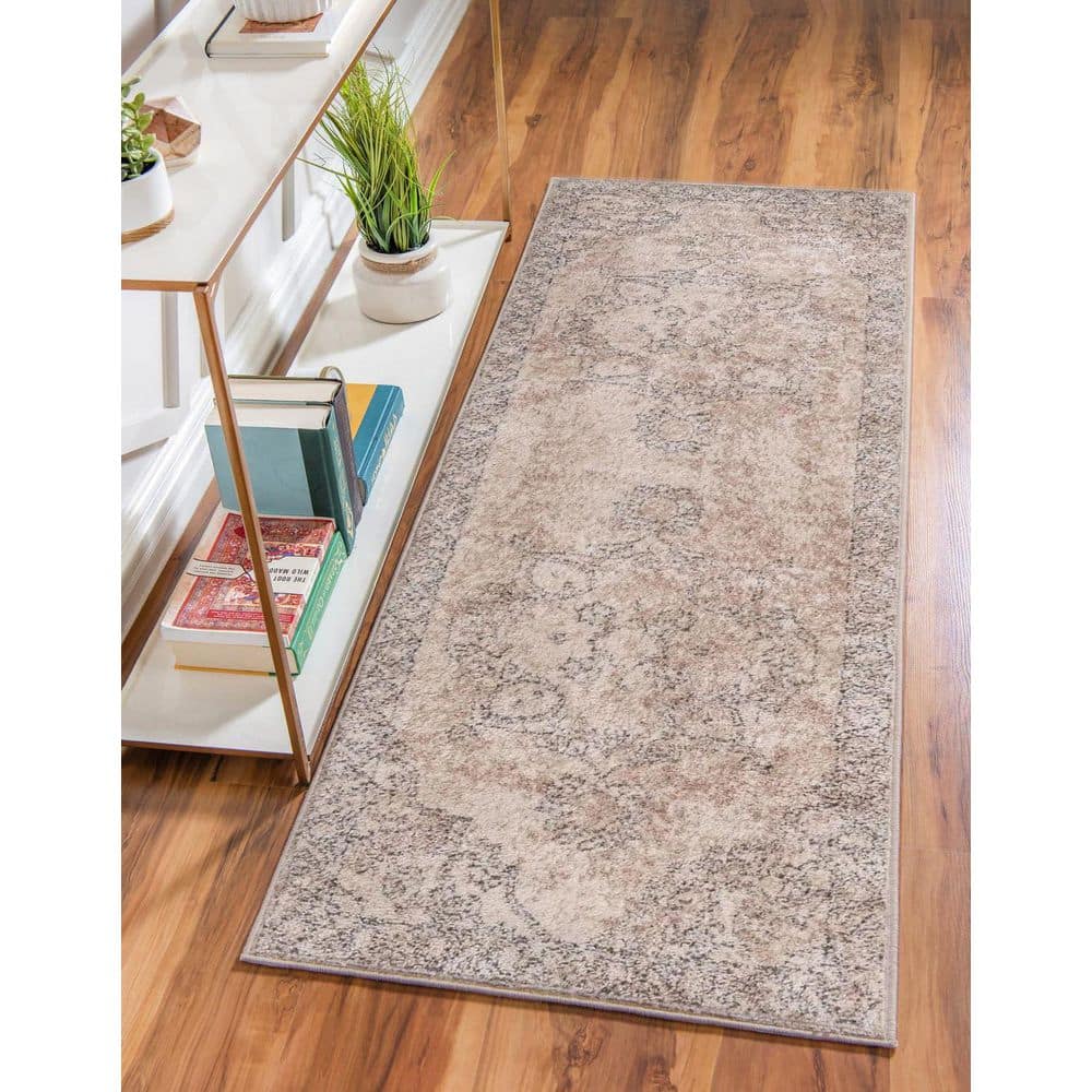 Ivory and Gray Geometric Synthetic Indoor Runner Rug