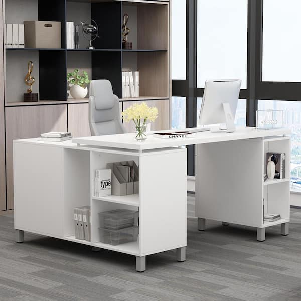 FUFU&GAGA 59.1 in. L-Shaped White Wood Home Office Writing Desk with Reversible Hutch Cabinet, Workstation with Drawers & Shelves