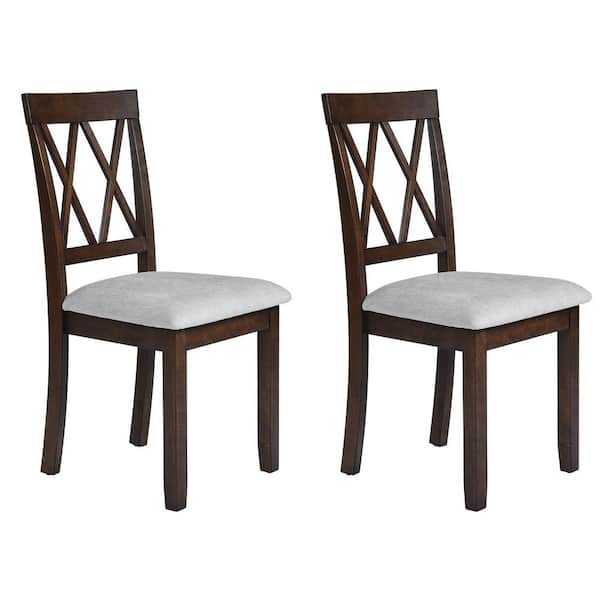 Brown Rubber Wood Linen Upholstered Accent Dining Chairs Set of 2 with Cross Back, Padded Seat
