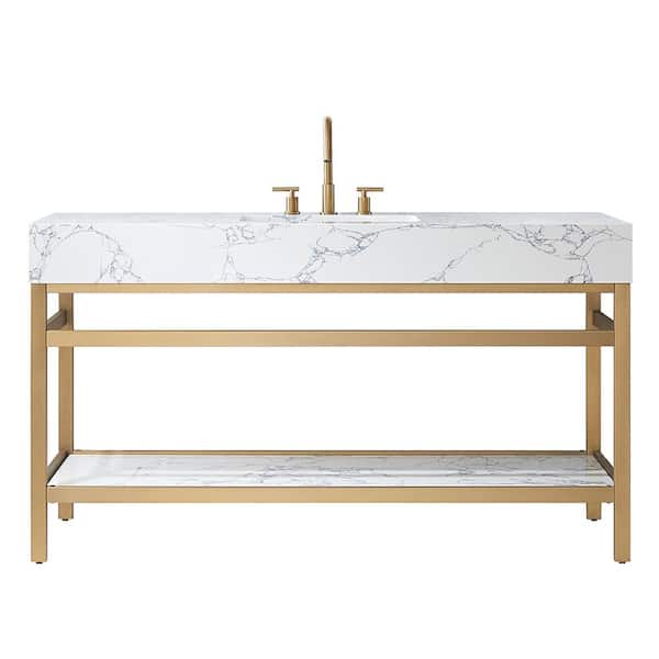 Ecija 60 in.W x 22 in.D x 33.9 in.H Single Sink Bath Vanity in Brushed Gold with White Stone Top