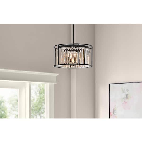 Briarleigh 5-Light Black and Crystal Pendant Light Fixture with Hanging Crystal Panel Drum Shade