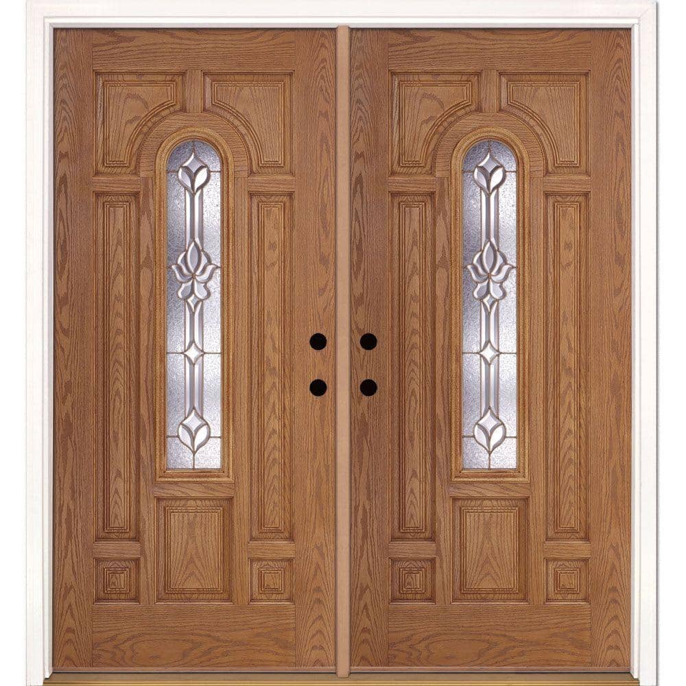 74 in. x 81.625 in. Medina Brass Center Arch Lite Stained Light Oak Left-Ha