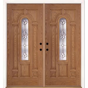 74 in. x 81.625 in. Medina Brass Center Arch Lite Stained Light Oak Left-Hand Fiberglass Double Prehung Front Door