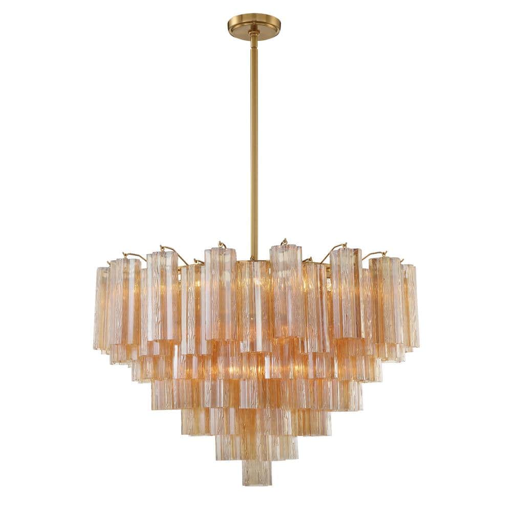 Aged Brass and Amber Glass 16-Light Chandelier