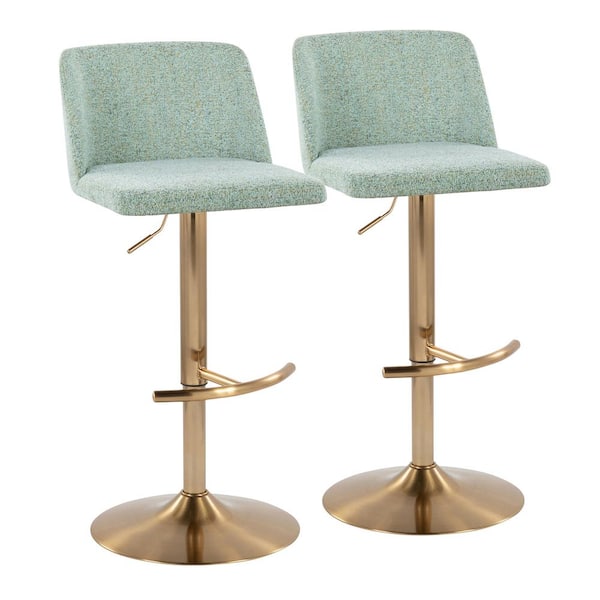 Lumisource Toriano 33 in. Light Green Fabric and Gold Metal Adjustable Bar Stool with Rounded T Footrest (Set of 2)