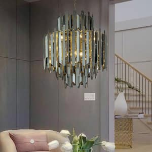9-Light Luxury Soft Gold Stainless Steel Chandelier with Smoke Crystal Accents