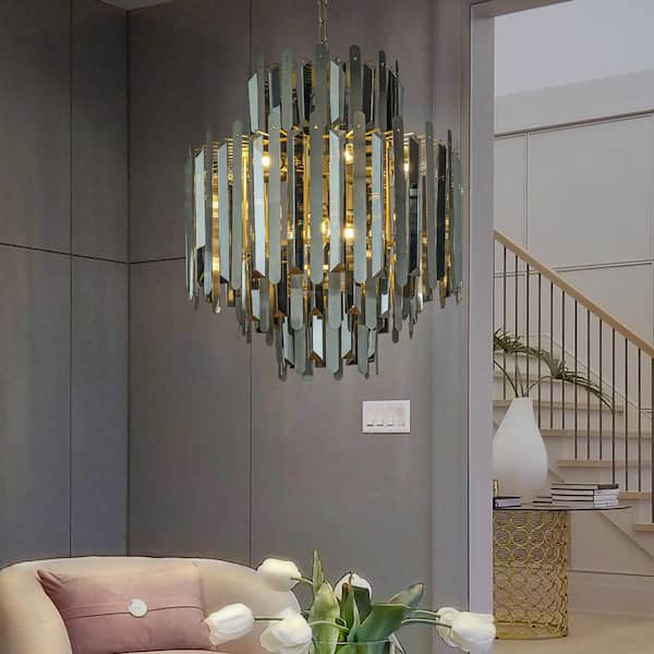ALOA DECOR 9-Light Luxury Soft Gold Stainless Steel Chandelier with Smoke Crystal Accents