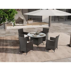 5-Piece Wicker Outdoor Dining Set with Dining Table, Umbrella Hole and Beige Cushions for Patio Backyard and Garden