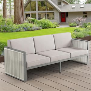 SquareChic Metal and Light Beige Wicker Outdoor 3-Seat Sectional Couch Sofa with Olefin Gray Cushions