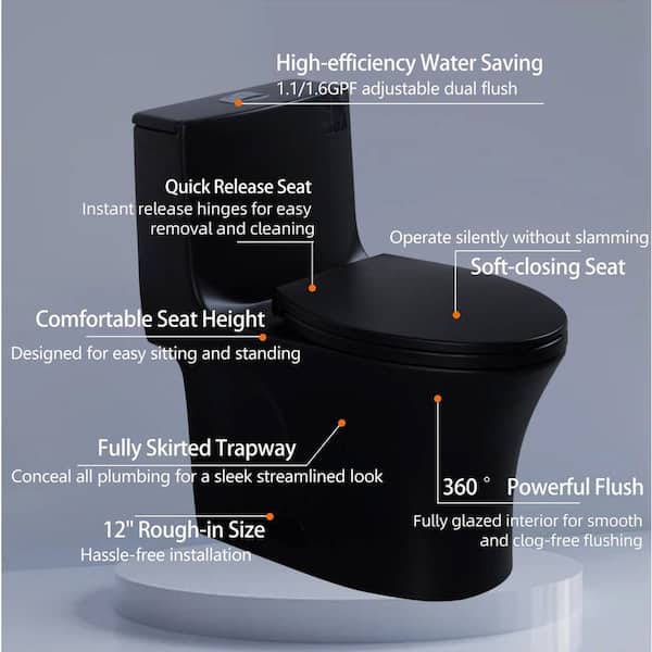 Power Flush One-Piece 1.1/1.6 GPF Dual Flush Elongated 15.1 in. Toilet in Matte Black, Slow-Close Seat Included