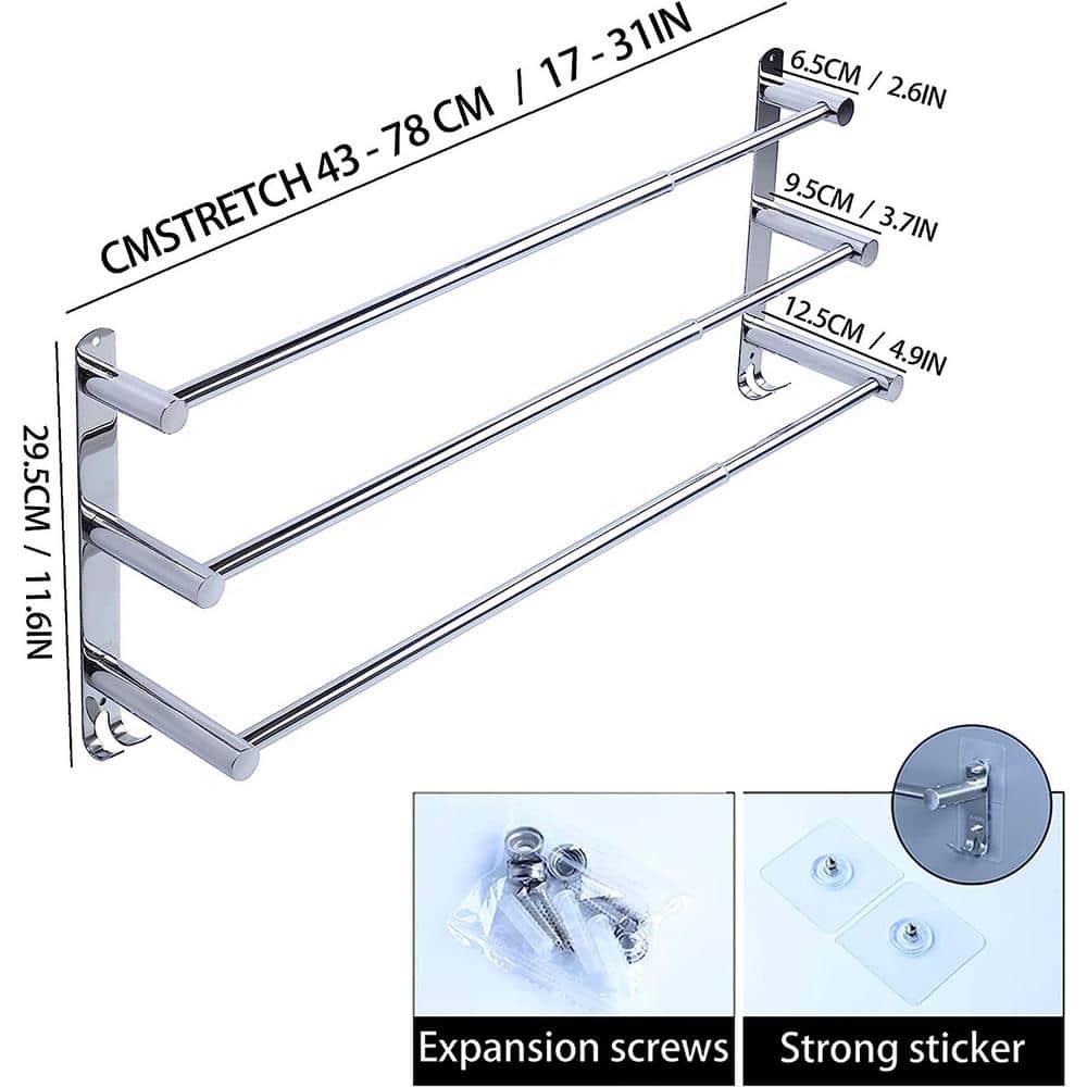 Adjustable Stainless Steel Triple Bar Wall Mounted Towel Rack