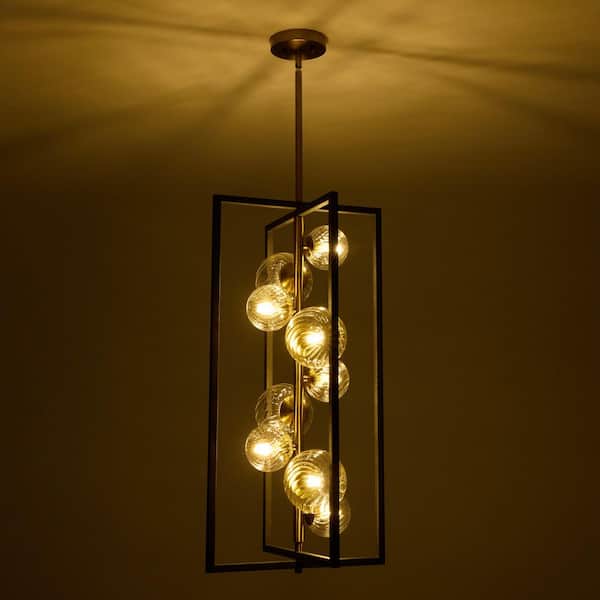 Modern Farmhouse 9-Light Iron Brass Black Rectangle Chandelier Clear Globe for Dining Living Room and Foyer