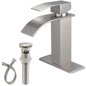 Single-Handle Waterfall Single Hole Low-Arc Bathroom Faucet with Pop-up Drain Assembly in Brushed Nickel