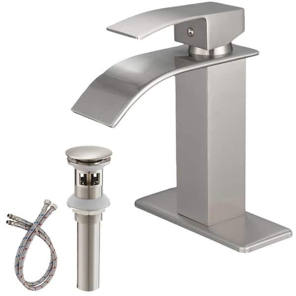 HOMEMYSTIQUE Single-Handle Waterfall Single Hole Low-Arc Bathroom Faucet with Pop-up Drain Assembly in Brushed Nickel