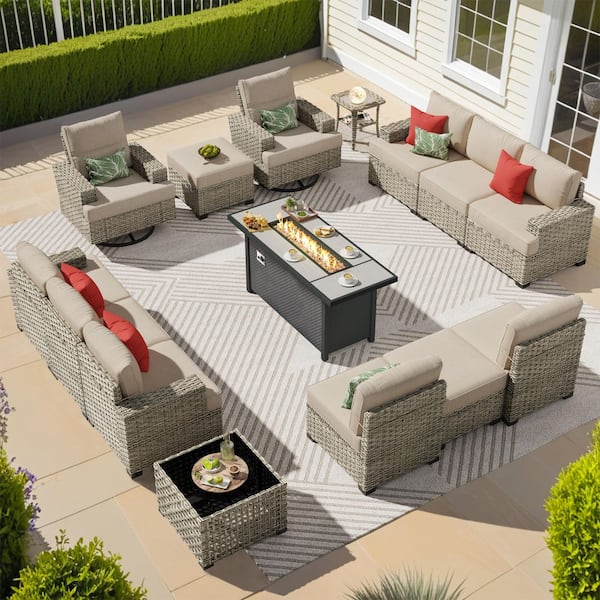 Eden Vine 15 Pieces Wicker Rectangular Fire Pit Sets and Swivel Rocking Chairs with Beige Cushion