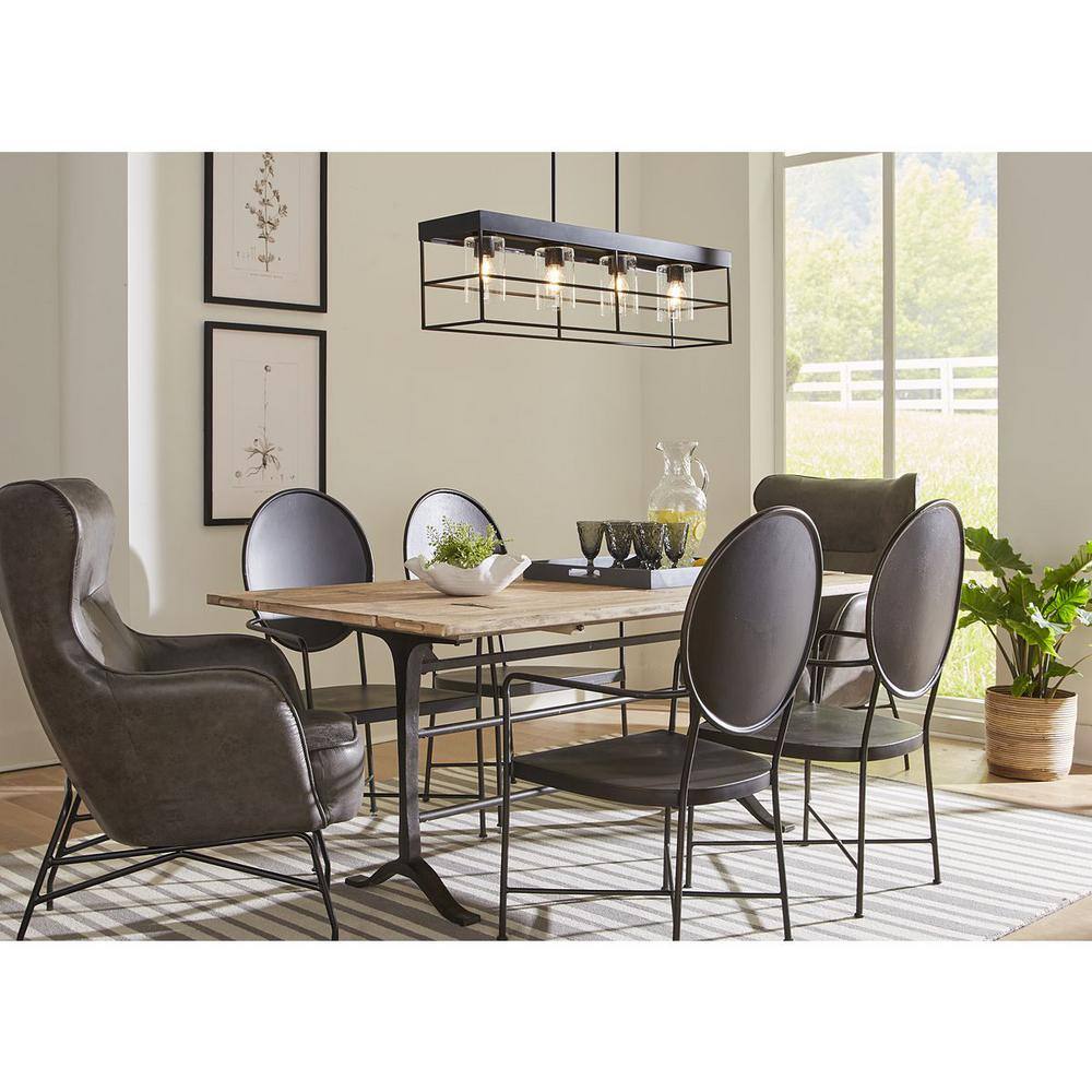 Matte Black Steel Four-Light Island Chandelier with Seeded Glass