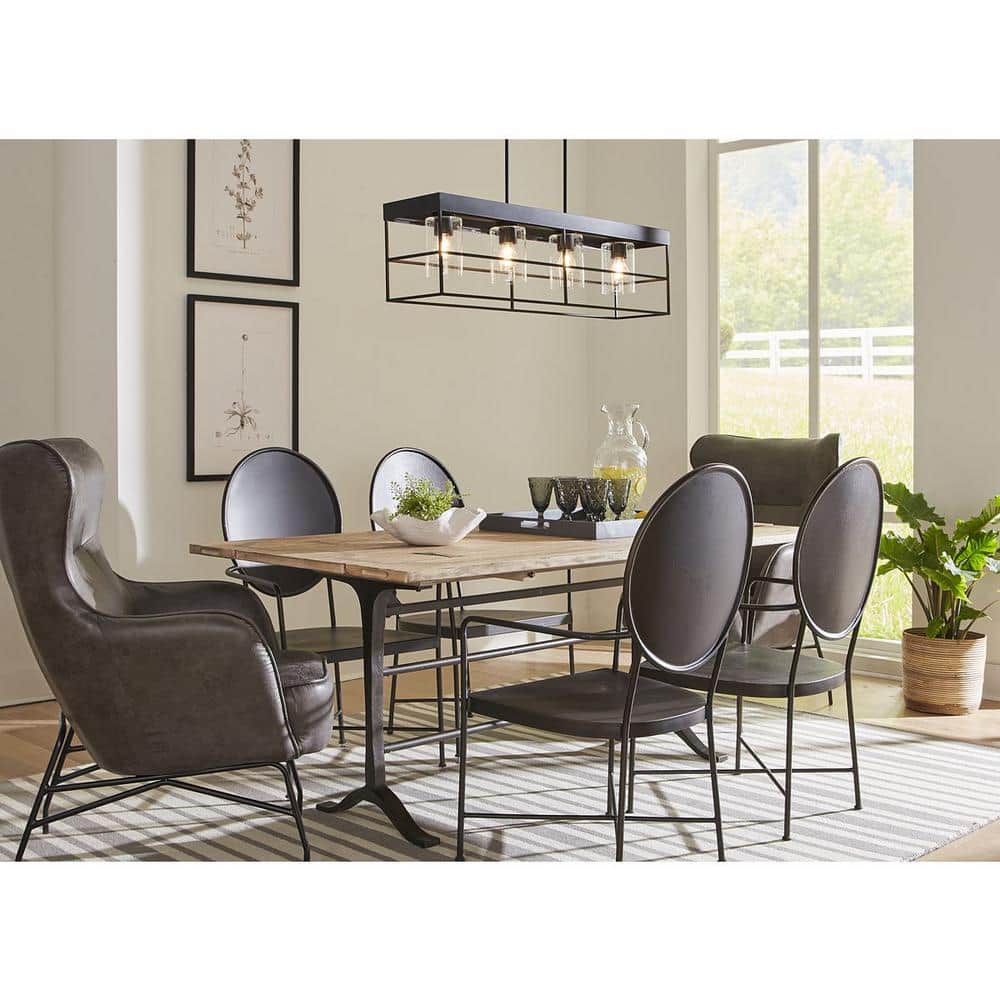 Matte Black Steel Four-Light Island Chandelier with Seeded Glass