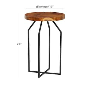 16 in. Brown Live Edge Large Round Wood End Table with Black X-Shaped Base