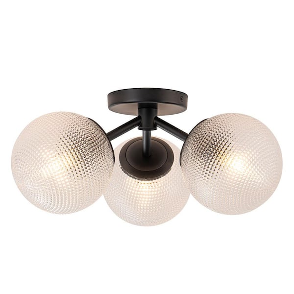 Lueck 3-Light 18 in. Modern Black Semi Flush Mount with Prismatic Glass Shades