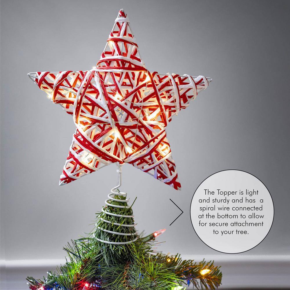 Red and White Rattan Star Tree Topper with LED Lights