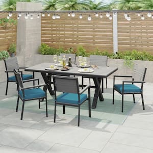 Orville Gray 7-Piece Aluminum Outdoor Dining Set with Blue Cushions