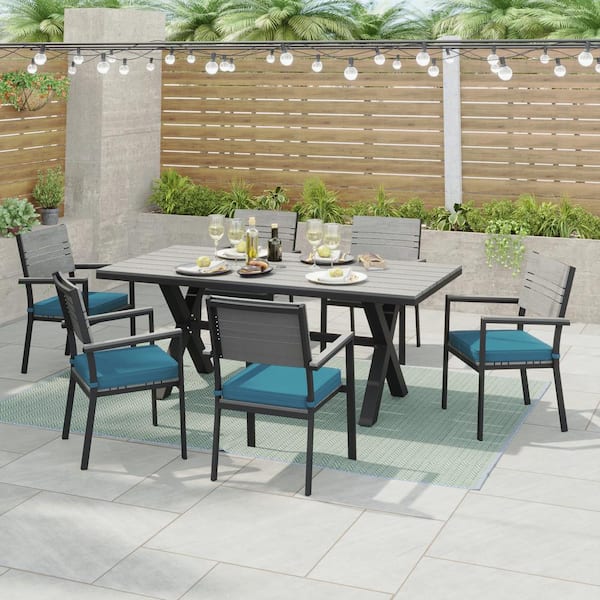 CORVUS Orville Gray 7-Piece Aluminum Outdoor Dining Set with Blue Cushions