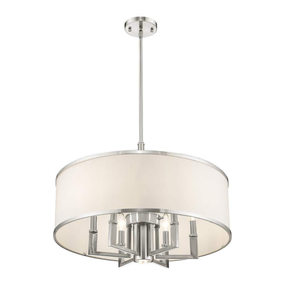 Brushed Nickel 6-Light Drum Chandelier with Off-White Fabric Shade