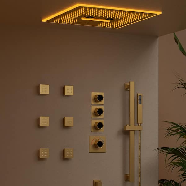 GRANDJOY 16 in. Square Aurora Shower System 17-Spray Ceiling Mount Fixed and Handheld Dual Shower Head 2.5 GPM in Brushed Gold