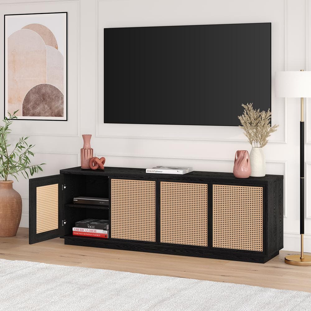 Black Grain Faux Rattan 78" TV Stand with Cabinets